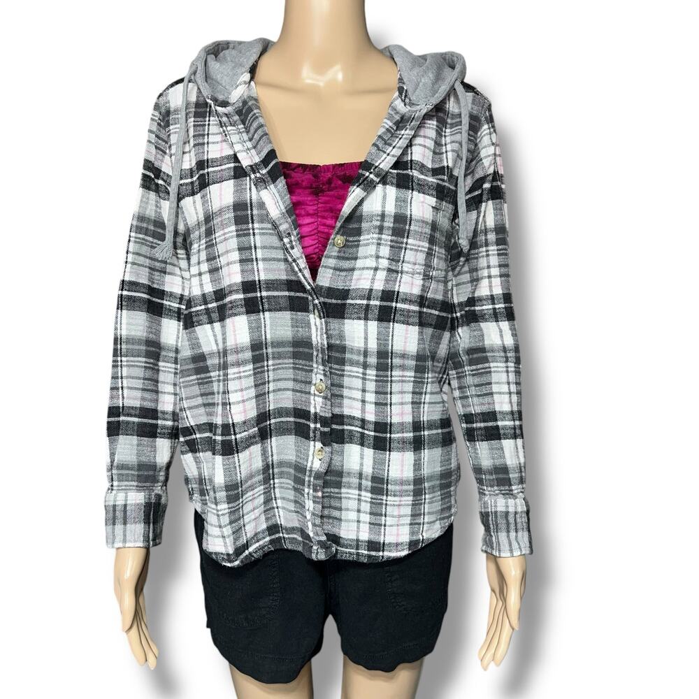 Time and Tru Womens Flannel Shirt Jacket Hooded Long Sleeve Gray Pink Medium